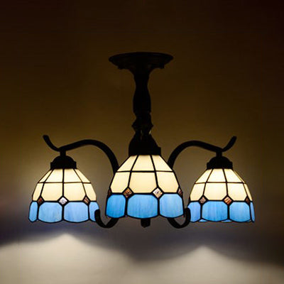 Tiffany Indoor Semi Flush Mount Ceiling Light with Stained Glass Design in Black - 3 Lights