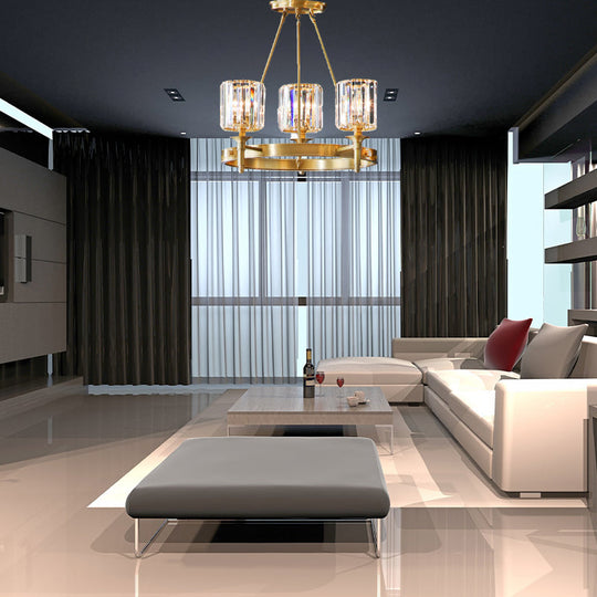 Modern Brass Faceted Crystal Cylinder Chandelier With 3/5/6 Bulbs - Ceiling Pendant Lighting