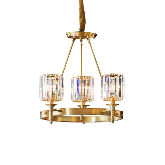 Modern Brass Faceted Crystal Cylinder Chandelier With 3/5/6 Bulbs - Ceiling Pendant Lighting