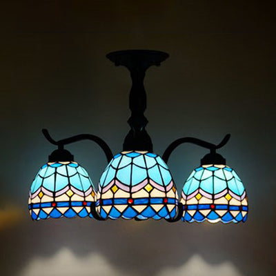 Tiffany Indoor Semi Flush Mount Ceiling Light with Stained Glass Design in Black - 3 Lights