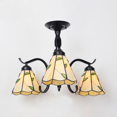 Tiffany Indoor Semi Flush Mount Ceiling Light with Stained Glass Design in Black - 3 Lights