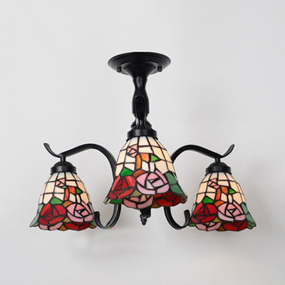 Tiffany Indoor Semi Flush Mount Ceiling Light with Stained Glass Design in Black - 3 Lights