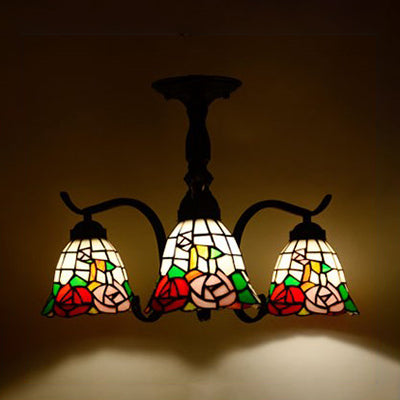 Tiffany Indoor Semi Flush Mount Ceiling Light with Stained Glass Design in Black - 3 Lights