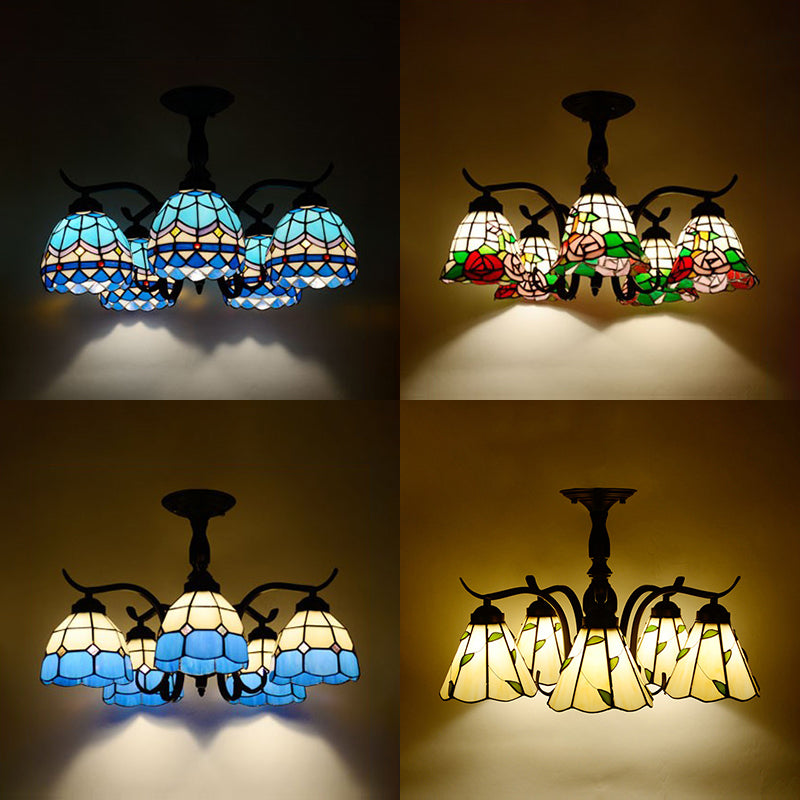 Tiffany Style Stained Glass Semi Flush Lamp - Red/Blue/Green/Blue-White - 3/5 Lights - Ideal for Stairway