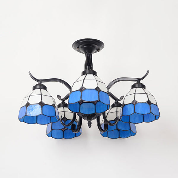 Tiffany Style Stained Glass Semi Flush Lamp - Red/Blue/Green/Blue-White - 3/5 Lights - Ideal for Stairway