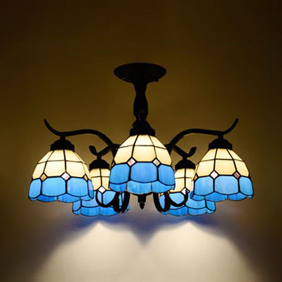 Tiffany Style Stained Glass Semi Flush Lamp - Red/Blue/Green/Blue-White - 3/5 Lights - Ideal for Stairway