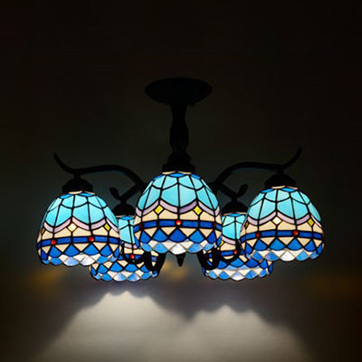 Tiffany Style Stained Glass Semi Flush Lamp - Red/Blue/Green/Blue-White - 3/5 Lights - Ideal for Stairway