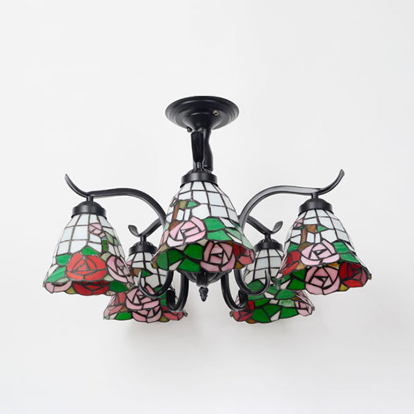 Tiffany Style Stained Glass Semi Flush Lamp - Red/Blue/Green/Blue-White - 3/5 Lights - Ideal for Stairway