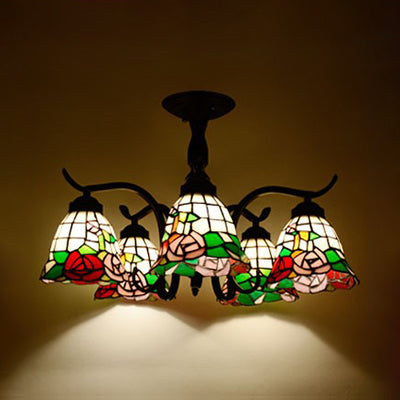 Tiffany Style Stained Glass Semi Flush Lamp - Red/Blue/Green/Blue-White - 3/5 Lights - Ideal for Stairway