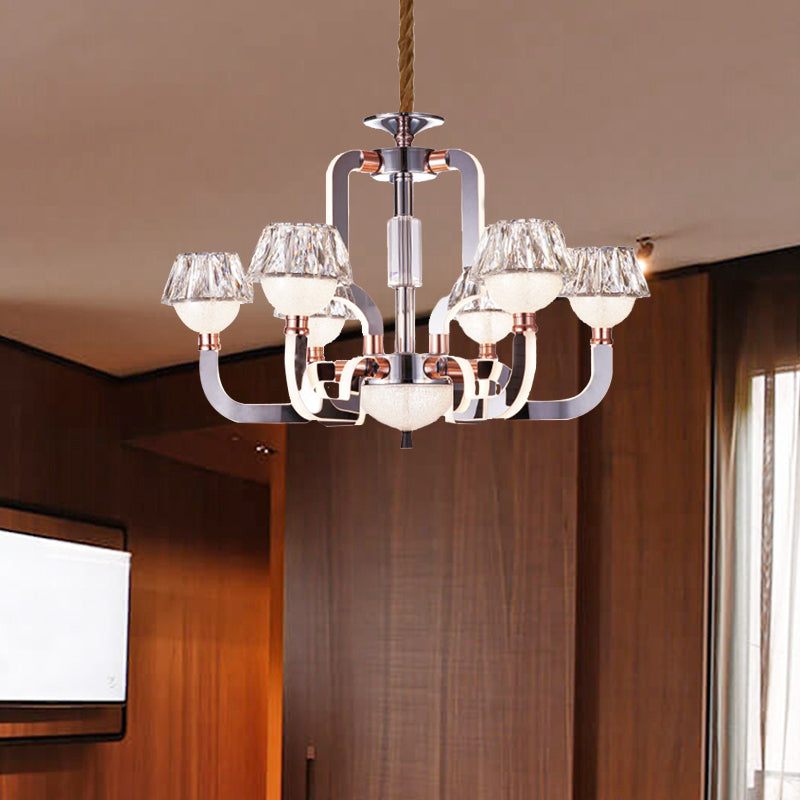 Modern Conical Crystal Chandelier - 6-Light Bedroom Hanging Lamp In Chrome