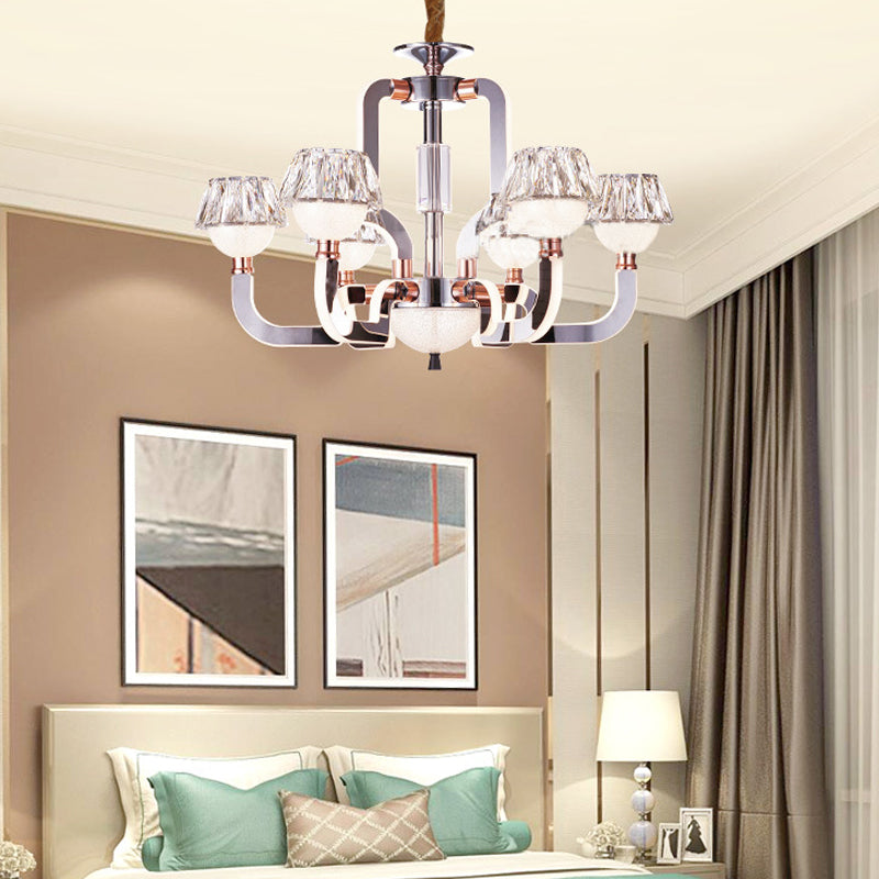 Modern Conical Crystal Chandelier - 6-Light Bedroom Hanging Lamp In Chrome