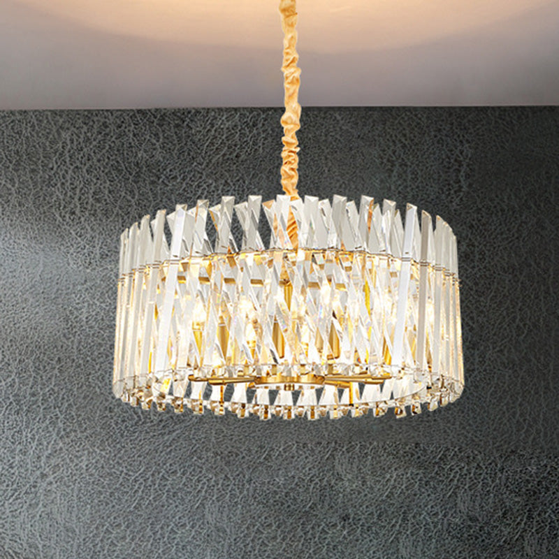 Postmodern Crystal Chandelier Lamp - Round Tri-Sided Rod Style 8/10 Lights Gold Finish Hanging Light