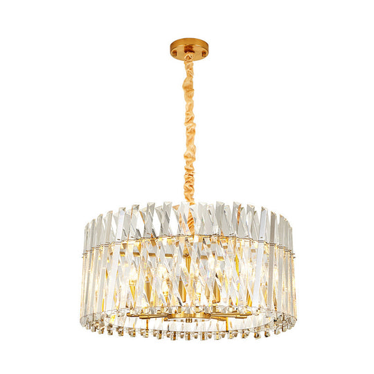 Postmodern Crystal Chandelier Lamp - Round Tri-Sided Rod Style 8/10 Lights Gold Finish Hanging Light