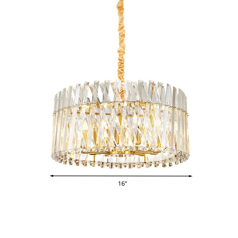 Postmodern Crystal Chandelier Lamp - Round Tri-Sided Rod Style 8/10 Lights Gold Finish Hanging Light