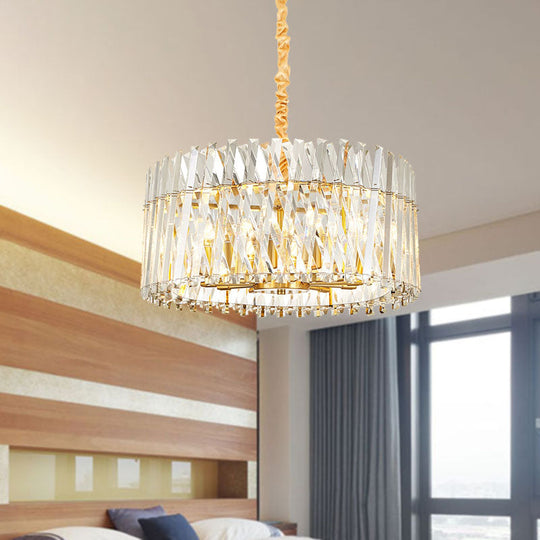 Postmodern Crystal Chandelier Lamp - Round Tri-Sided Rod Style 8/10 Lights Gold Finish Hanging Light