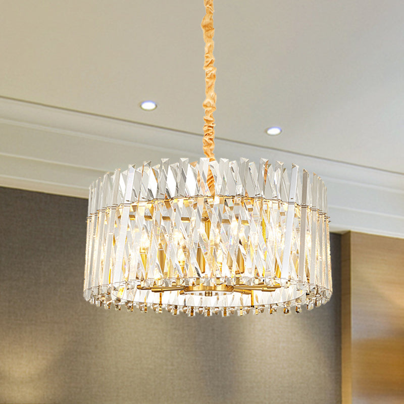 Postmodern Crystal Chandelier Lamp - Round Tri-Sided Rod Style 8/10 Lights Gold Finish Hanging Light