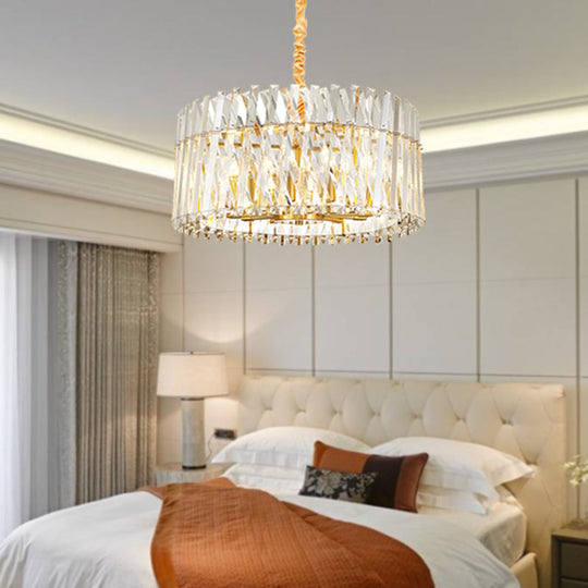 Postmodern Crystal Chandelier Lamp - Round Tri-Sided Rod Style 8/10 Lights Gold Finish Hanging Light