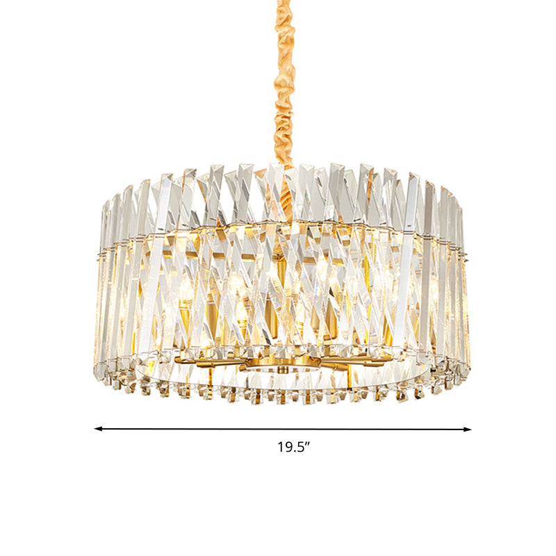 Postmodern Crystal Chandelier Lamp - Round Tri-Sided Rod Style 8/10 Lights Gold Finish Hanging Light