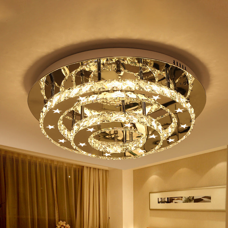 Modern 2-Tier Crystal LED Ceiling Light in Chrome: Warm, White, and 3-Color Options, 18"-25.5" Wide