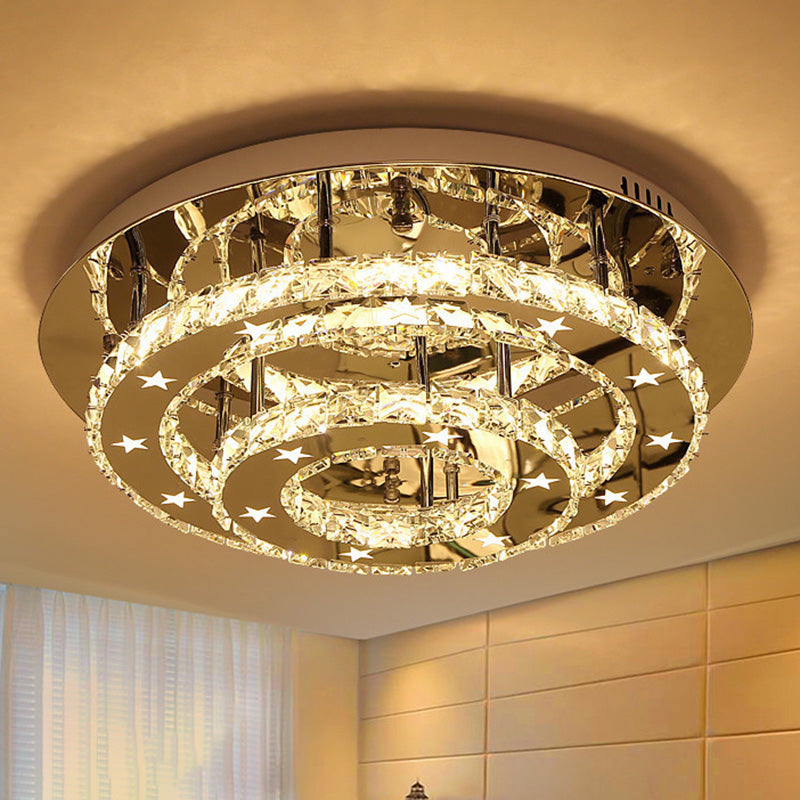 Modern 2-Tier Crystal Led Ceiling Light In Chrome: Warm White And 3-Color Options 18-25.5 Wide