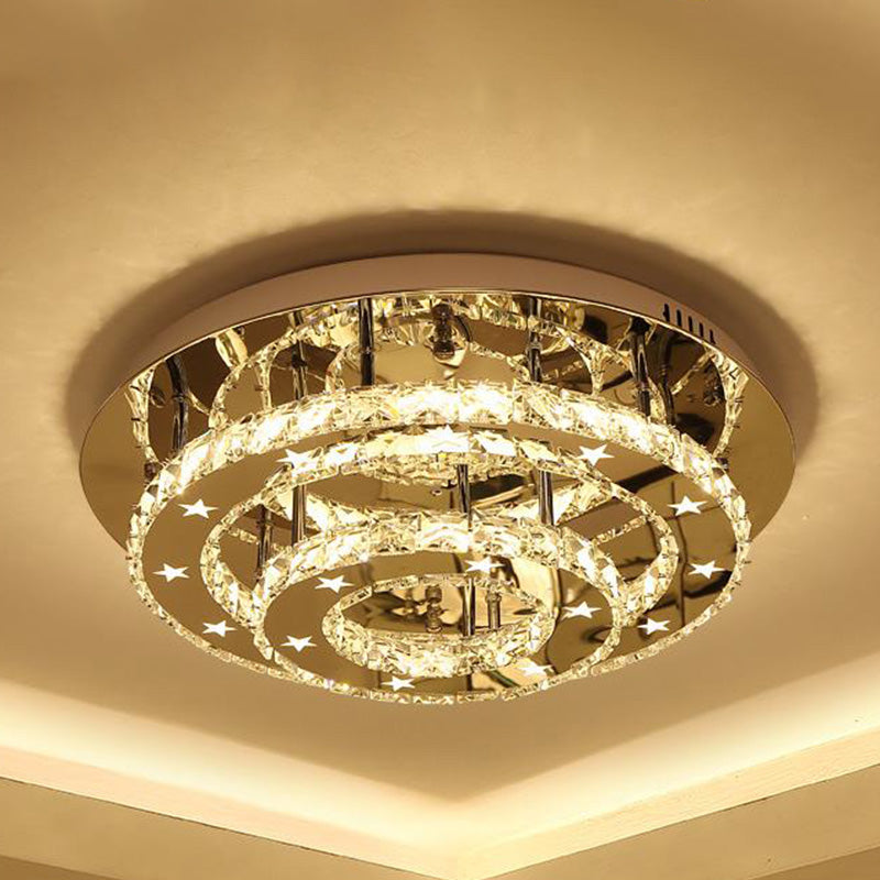 Modern 2-Tier Crystal LED Ceiling Light in Chrome: Warm, White, and 3-Color Options, 18"-25.5" Wide