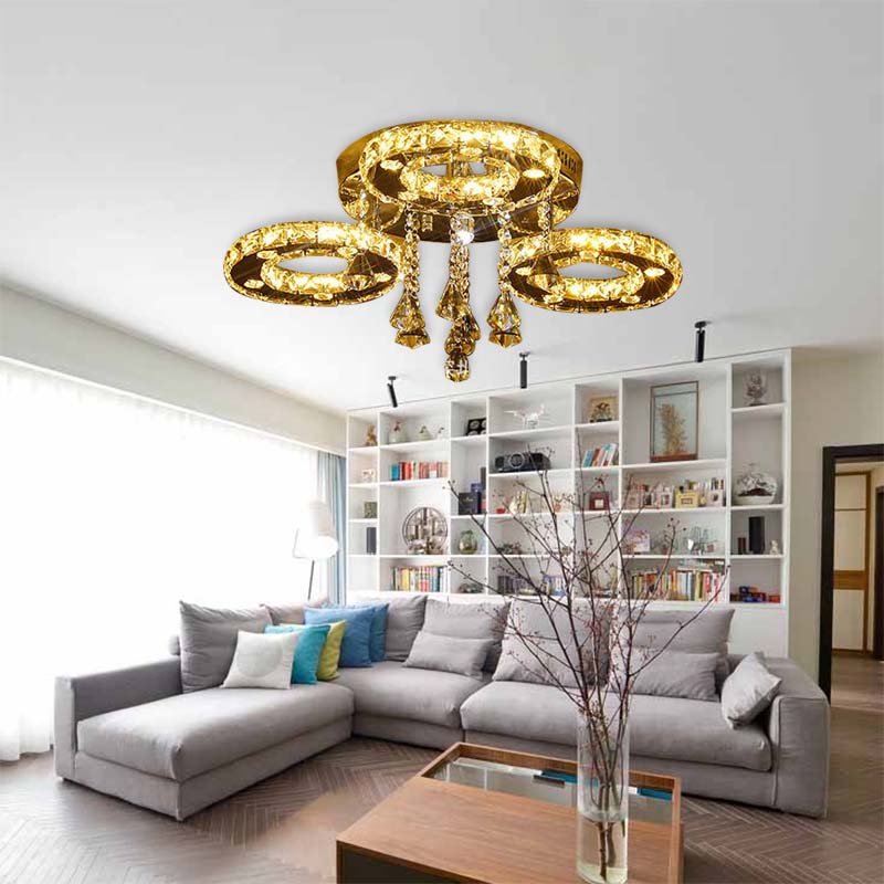 Contemporary K9 Crystal Chrome Ring Led Ceiling Lamp - Multiple Sizes & Colors Available