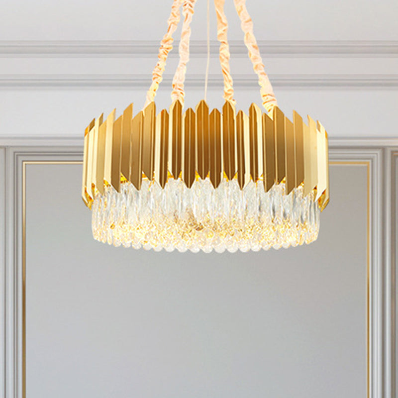 Lustre rond doré avec suspensions en blocs de cristal - Largeur 19,5"/23,5", design postmoderne - 6/10 têtes