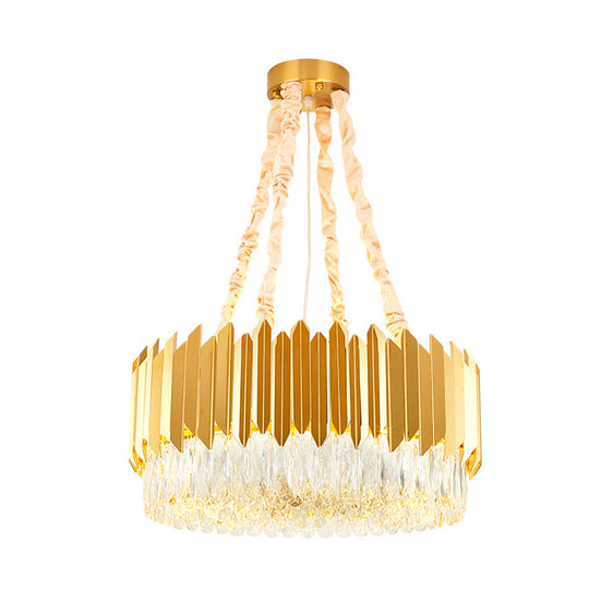 Lustre rond doré avec suspensions en blocs de cristal - Largeur 19,5"/23,5", design postmoderne - 6/10 têtes