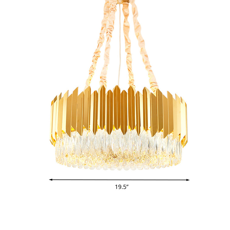 Lustre rond doré avec suspensions en blocs de cristal - Largeur 19,5"/23,5", design postmoderne - 6/10 têtes