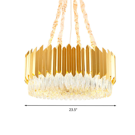 Lustre rond doré avec suspensions en blocs de cristal - Largeur 19,5"/23,5", design postmoderne - 6/10 têtes