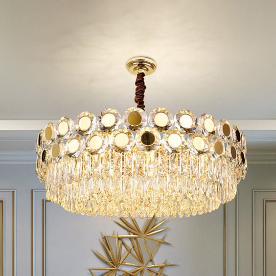 Lustre contemporain à tambour en laiton avec facettes en cristal - Plafonnier suspendu à 9 lumières