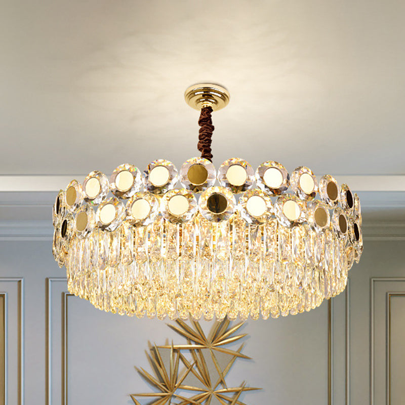 Contemporary 9-Head Brass Drum Chandelier With Faceted Crystal Hangings