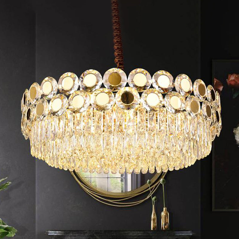 Contemporary 9-Head Brass Drum Chandelier With Faceted Crystal Hangings