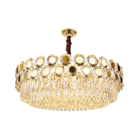 Contemporary 9-Head Brass Drum Chandelier With Faceted Crystal Hangings