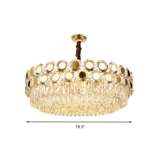 Contemporary 9-Head Brass Drum Chandelier With Faceted Crystal Hangings