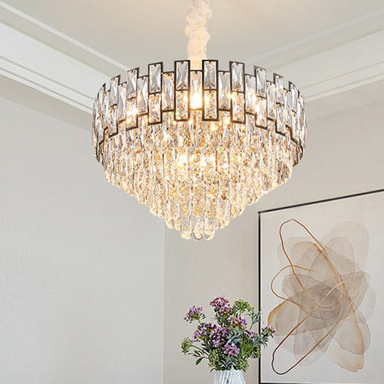 Wide Nickel Tapered Ceiling Chandelier With Crystal Block Accents - Modern 6/10 Heads Light