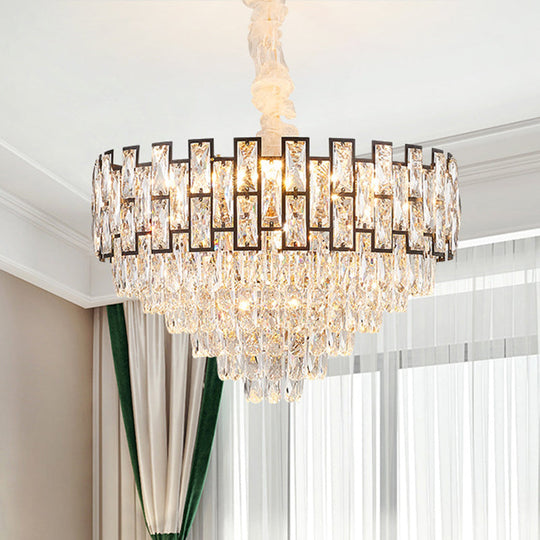 Wide Nickel Tapered Ceiling Chandelier With Crystal Block Accents - Modern 6/10 Heads Light