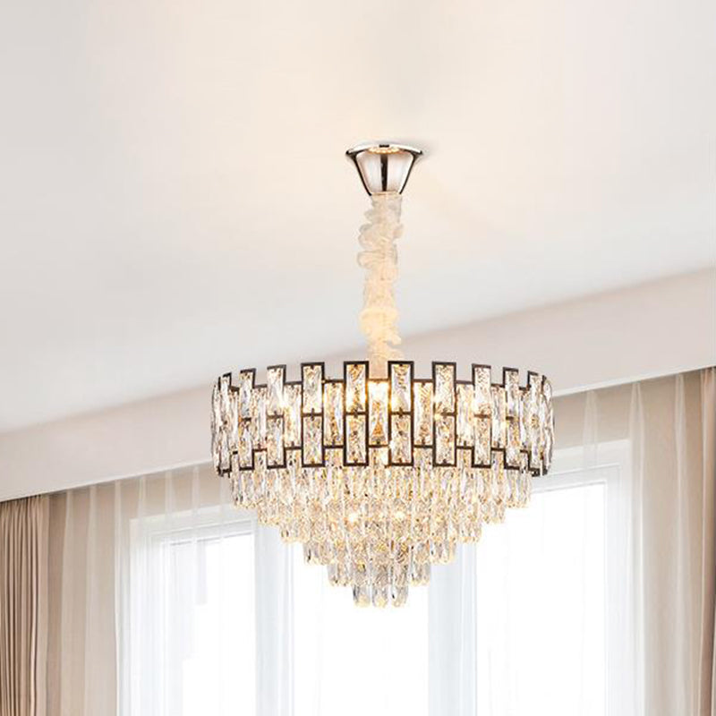 Wide Nickel Tapered Ceiling Chandelier With Crystal Block Accents - Modern 6/10 Heads Light