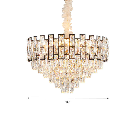 Lustre conique moderne en nickel avec bloc de cristal, têtes 6/10, 16"/19,5" de large - Plafonnier suspendu