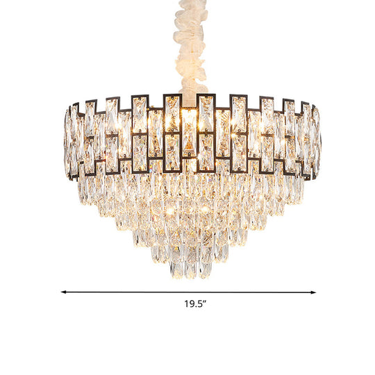 Lustre conique moderne en nickel avec bloc de cristal, têtes 6/10, 16"/19,5" de large - Plafonnier suspendu