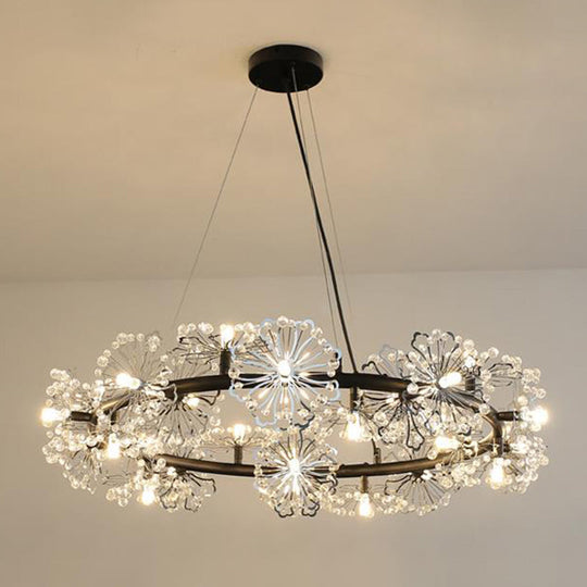 Lustre contemporain à 15 têtes en perles de cristal : lampe suspendue de salon Flower en noir