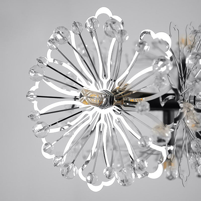 Lustre contemporain à 15 têtes en perles de cristal : lampe suspendue de salon Flower en noir