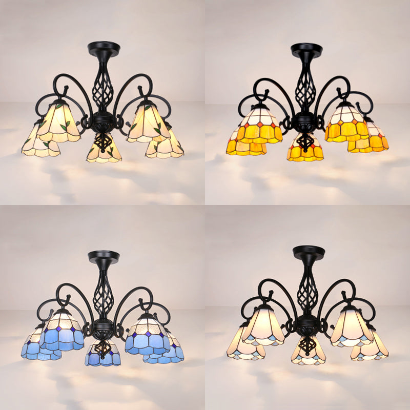 Indoor Stained Glass Semi Flush Mount Light - 5-Light Loft Tiffany Lighting in White/Beige/Yellow/Blue for Hallway