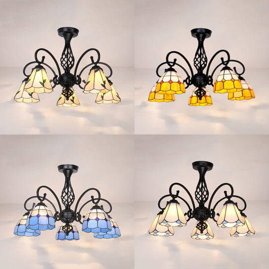 Indoor Stained Glass Semi Flush Mount Light - 5-Light Loft Tiffany Lighting in White/Beige/Yellow/Blue for Hallway