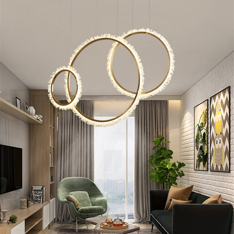 Modern Gold Loop Crystal Beaded Pendant Chandelier - Led Hanging Lamp Kit With Multiple Size Options