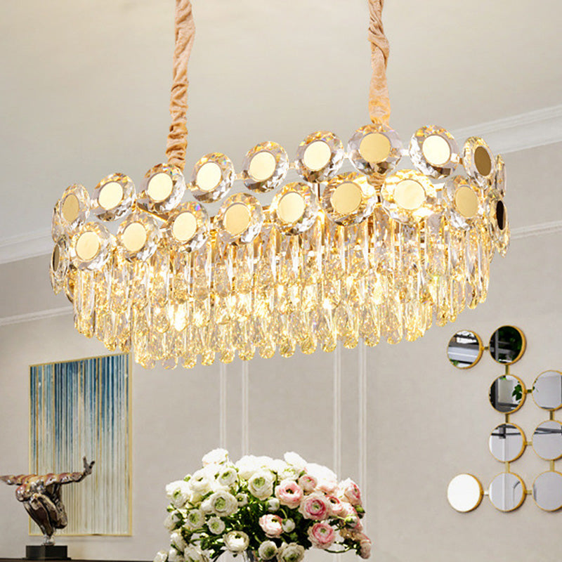 12-Head Gold Suspension Lighting Fixture: Oval Faceted Crystal Island Pendant Postmodern Design