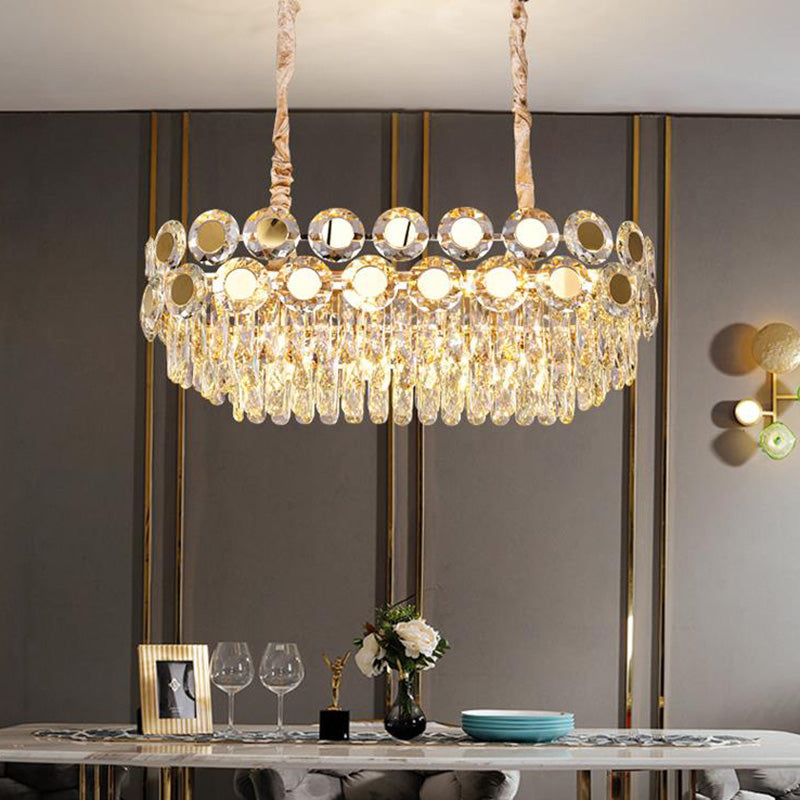 12-Head Gold Suspension Lighting Fixture: Oval Faceted Crystal Island Pendant Postmodern Design