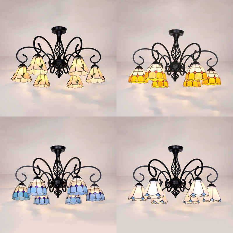 Semi Flush Tiffany Lighting with Curved Arm - Choose from 3, 5, or 6 Lights, Stained Glass in White, Yellow, Blue, or Green for Living Room