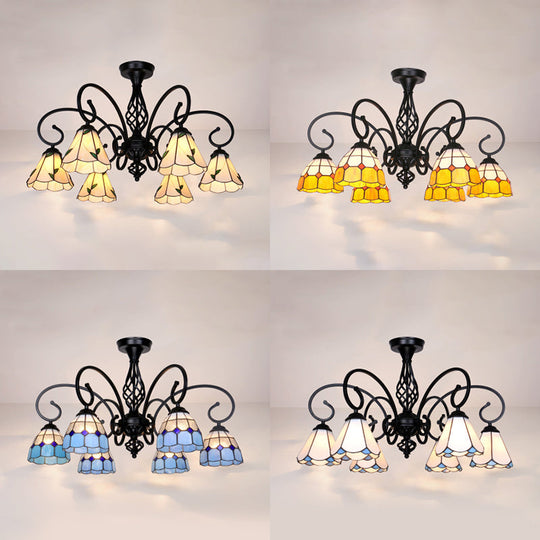 Semi Flush Tiffany Lighting with Curved Arm - Choose from 3, 5, or 6 Lights, Stained Glass in White, Yellow, Blue, or Green for Living Room