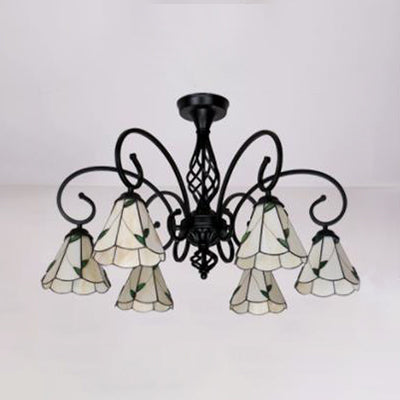 Semi Flush Tiffany Lighting with Curved Arm - Choose from 3, 5, or 6 Lights, Stained Glass in White, Yellow, Blue, or Green for Living Room